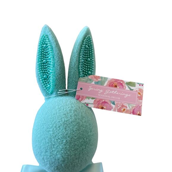 SPRING GATHERINGS 15in Aqua Flocked Bunny With Faux Pearl Ears & Ribbon New - Picture 3 of 15